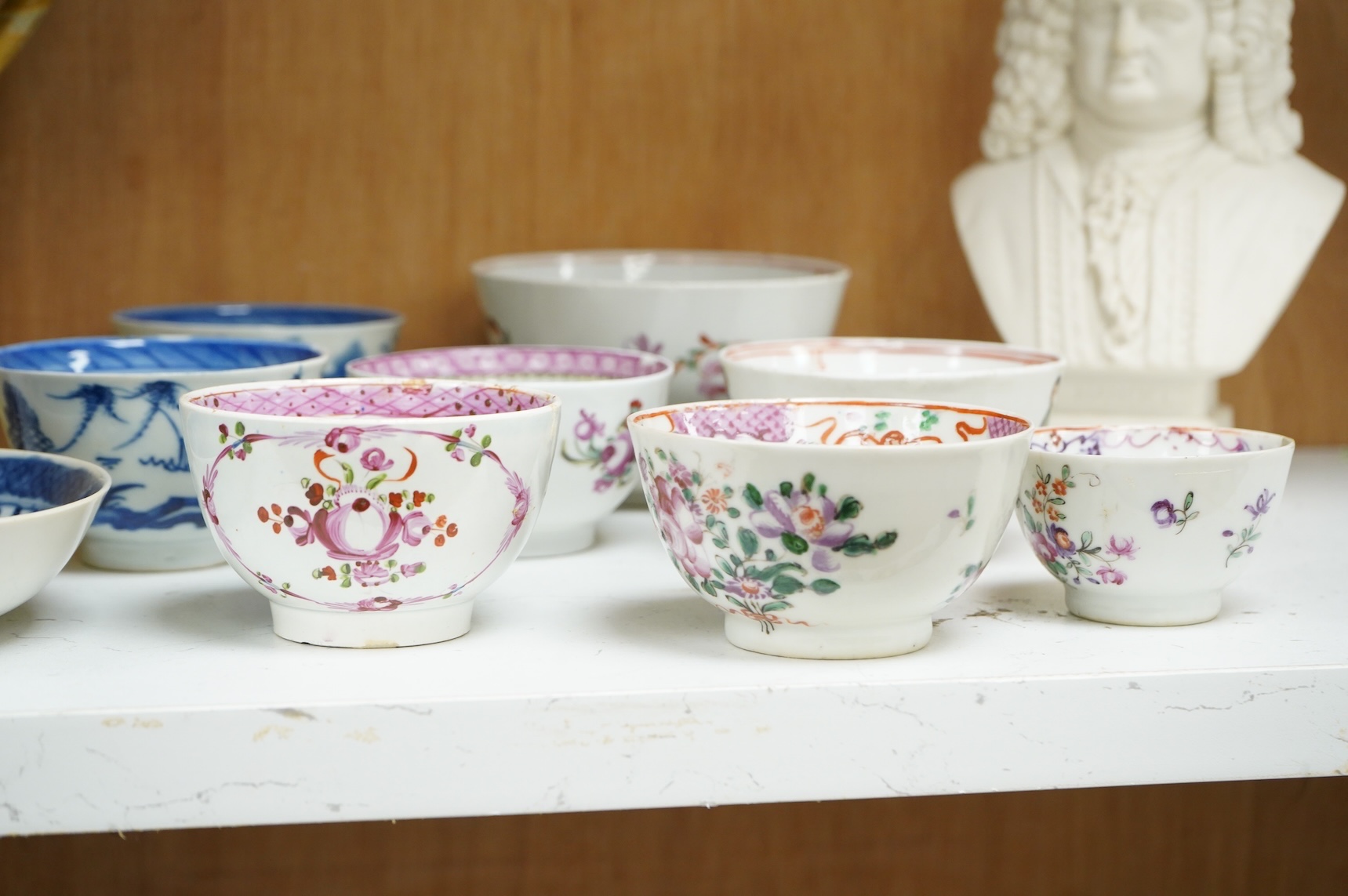 A collection of 18th century and later Chinese tea wares, a studio pottery jug & an R&L Parian bust of Handel, tallest 25cm